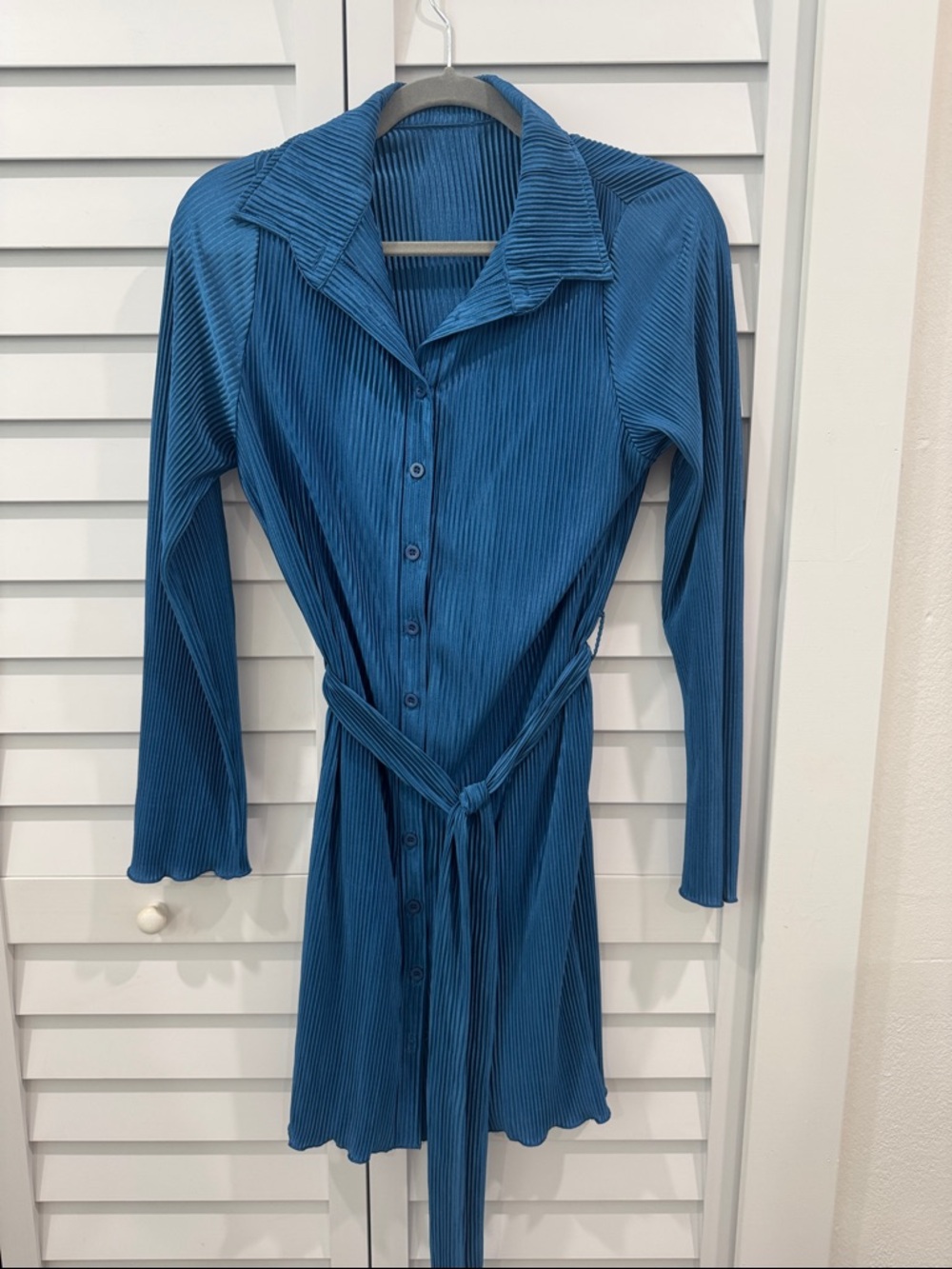 Teal Blue Ribbed Button-Front Dress with Belt